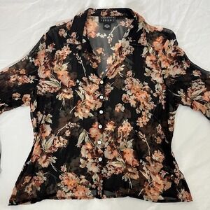 Spenser Jeremy Womens Sheer Silk Floral Blouse Sz XL Bell Sleeve Whimsigoth